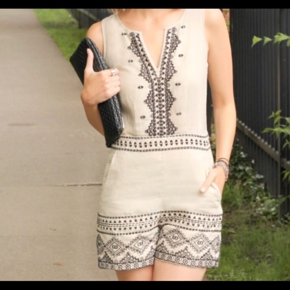 Ann Taylor Loft tan and black romper embroidered